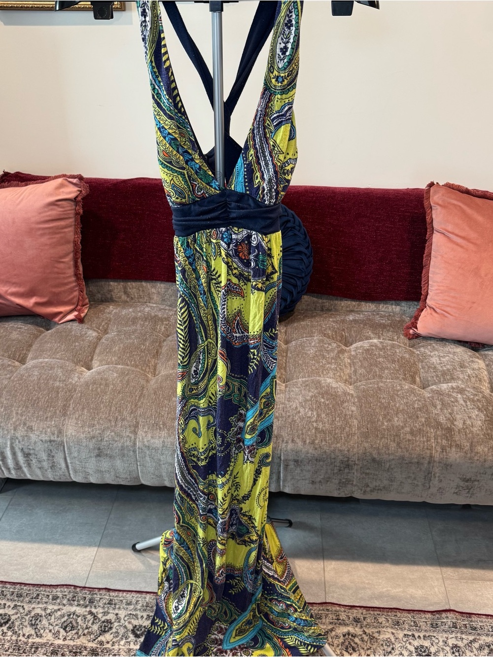 Women’s V-Neck Paisley Maxi Dress in Yellowish Green and Navy